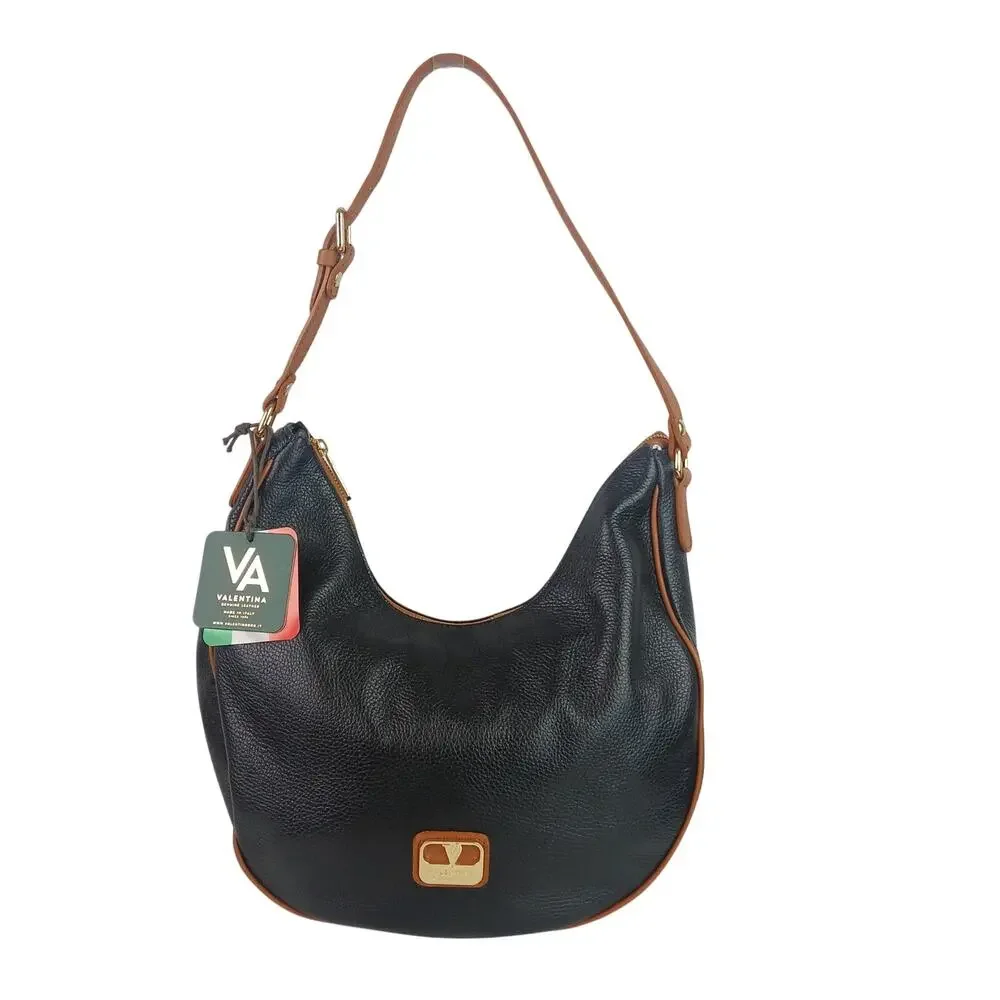 Valentina Hobo Bag Genuine Pebbled Leather Black Brown Trim Original Tags